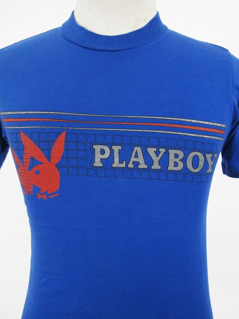 Vintage 80S Playboy T Shirt Soft And Thin Blue Bunny Retro Tee