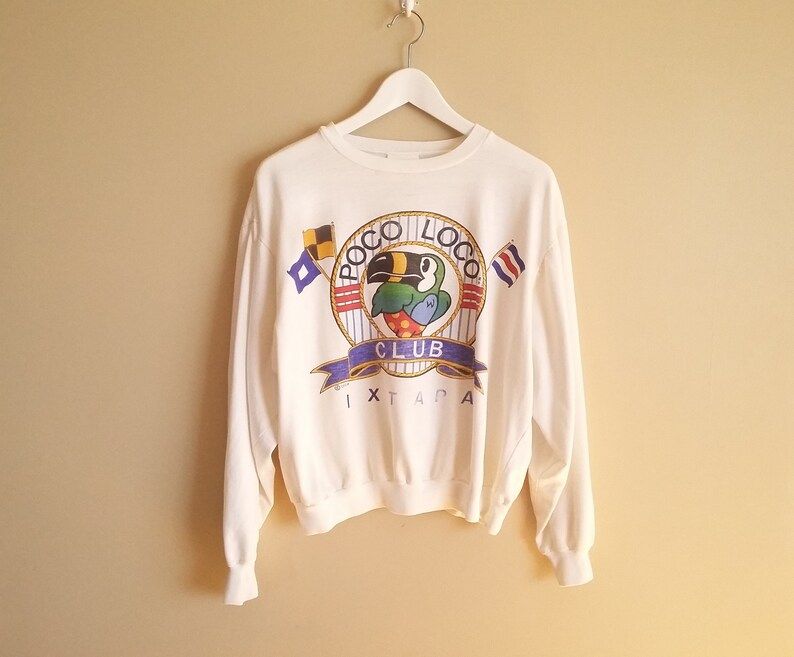 Vintage 80S Poco Loco Club Ixtapa Tucan Sweatshirt Super Thin Made In Mexico Rainbow Comfy Cute Birds Vacay Beach Wear