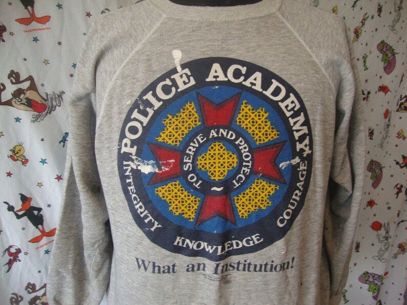 Vintage 80S Police Academy 1984 Movie Promo Heather Gray T Shirt Rayon Tri Blend Crew Neck Sweatshirt