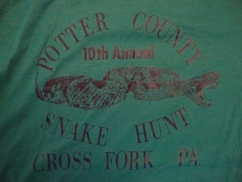 Vintage 80S Potter County 10Th Annual Snake Hunt Cross Fork Pennsylvania Souvenir Green T Shirt vintage 80s potter county 10th annual snake hunt cross fork pennsylvania souvenir green t shirt calse
