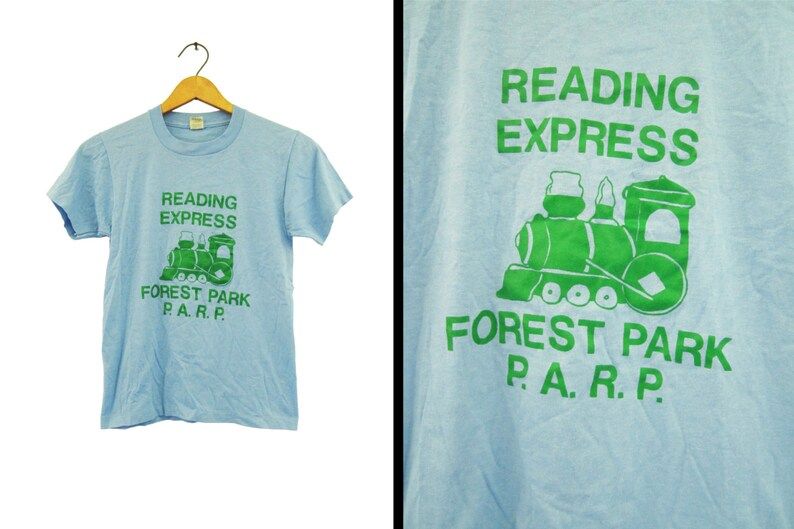 Vintage 80S Reading Express T Shirt Forest Park Train Blue Screen Stars Youth Large