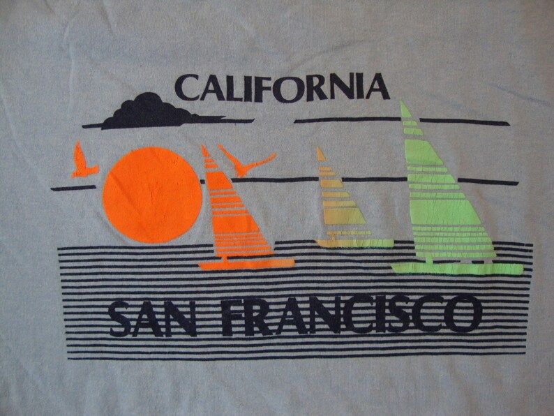 Vintage 80S San Francisco California Boats Shore Sailboat Tourist Souvenir Blue T Shirt