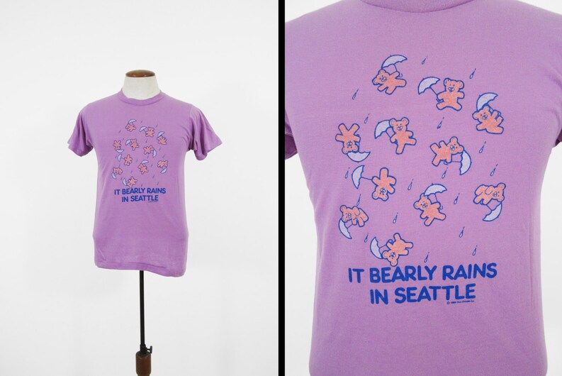 Vintage 80S Seattle T Shirt It Bearly Rains Purple Teddy Bears 5050