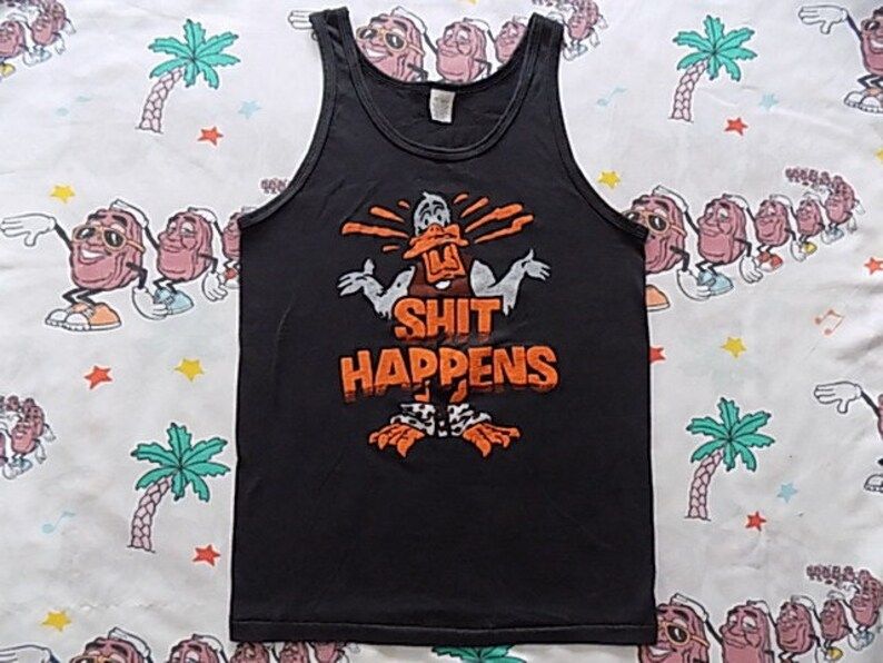 Vintage 80S Shit Happens Tank Top Size Small Cartoon Funny Soft And Thin Dead Stock Nos