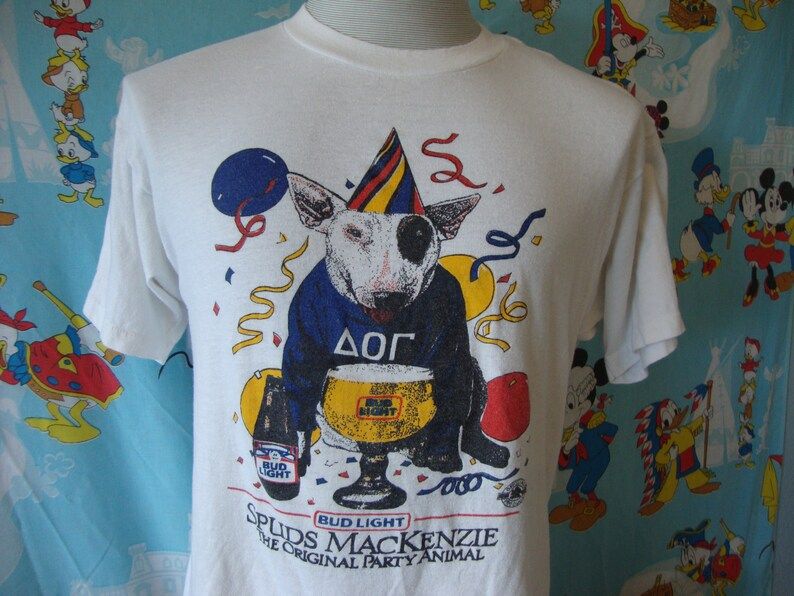 Vintage 80S Spuds Mackenzie Dog Skateboard The Party Animal Budweiser Bud Light Beer Fraternity Party Tee White