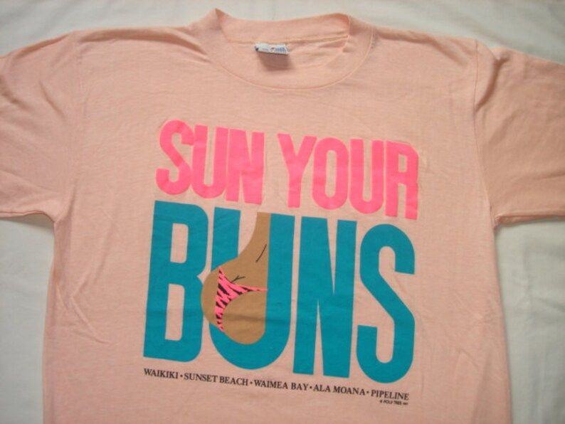 Vintage 80S Sun Your Buns Neon Beach T Shirt M L 1987 Island Tourist