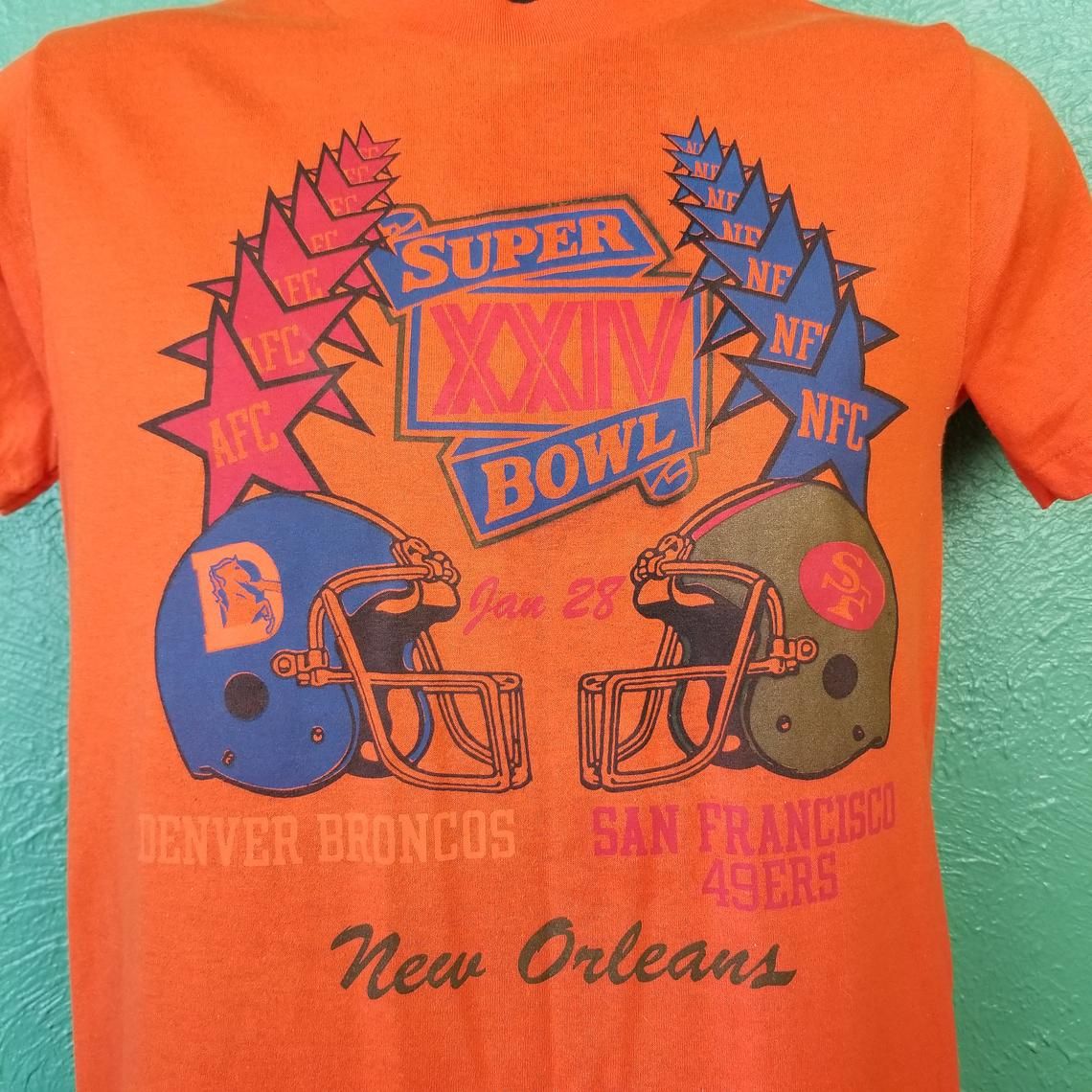 Vintage 80s Super Bowl XXIV 49ers vs broncos Denver Broncos San Francisco 49ers New Orleans Orange Shirt