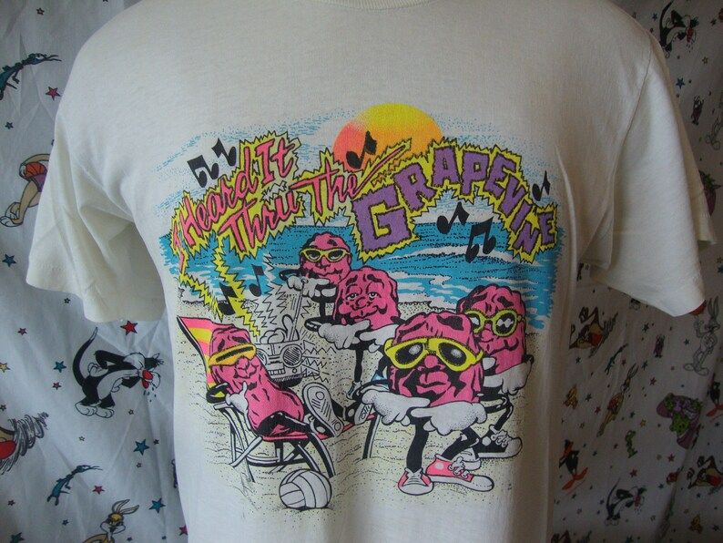 Vintage 80S The California Raisins I Heard It Through The Grapevine Soft Tee White Paper Thin T Shirt