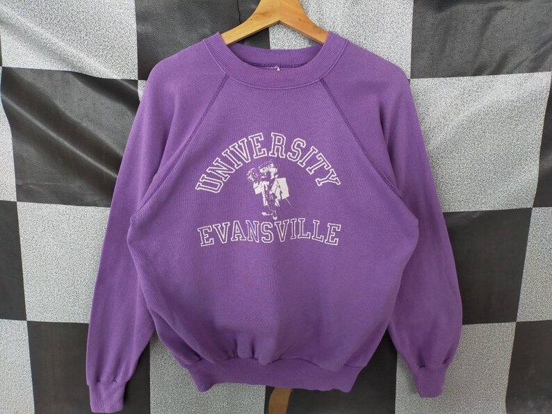 Vintage 80S University Evansville Crewneck Sweatshirt Big Print Pullover Sweatshirt Purple Colour L Size Rare Item