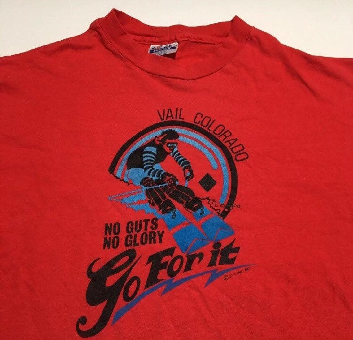 Vintage 80s VAIL Colorado Skiing No Guts No Glory Go For It shirt