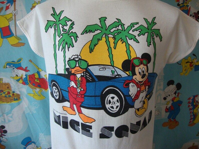 Vintage 80S Walt Disney Mice Squad Miami Vice Parody Mickey Mouse Donald Duck Sleeveless T Shirt