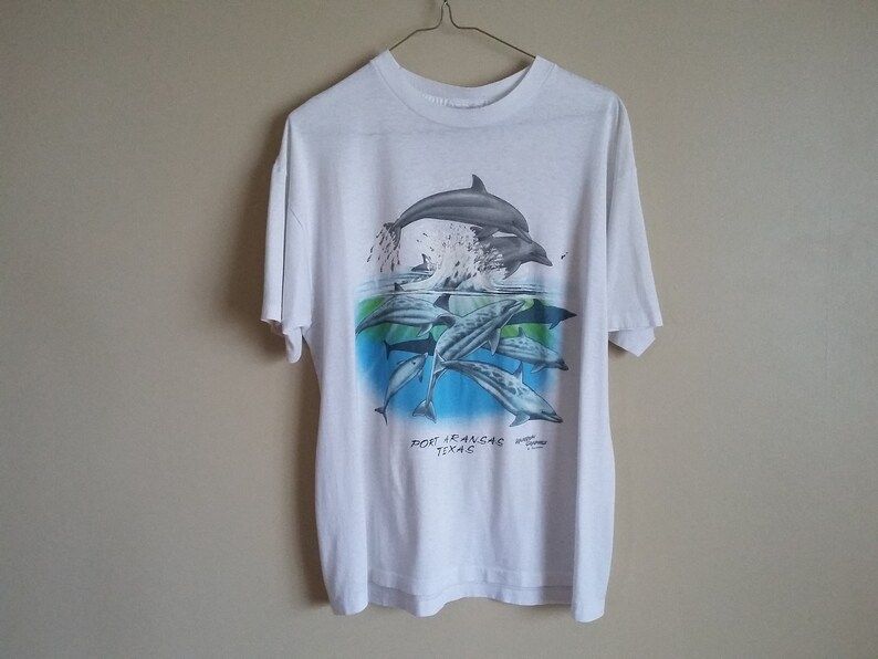 Vintage 80S White Polycotton Dolphin T Shirt Port Arkansas Texas 80S Xl Thin Distressed Single Stitched Made In Usa