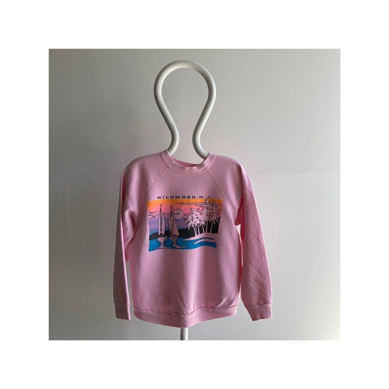 Vintage 80S Wildwood New Jersey Pink Tultex Raglan Sweatshirt Stained Cuff