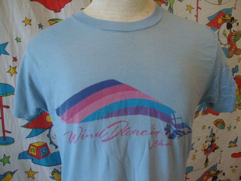 Vintage 80S Wind Dancin Maui Hawaii Wind Surfing Light Blue Soft Thin Tourist T Shirt