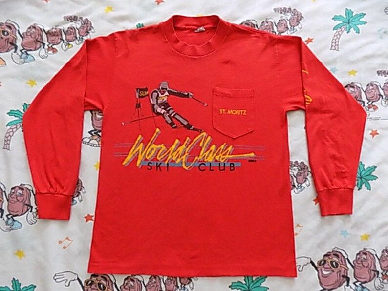 Vintage 80S World Class Ski Club Pocket Long Sleeve T Shirt Size Small Sleeve Graphic St Moritz