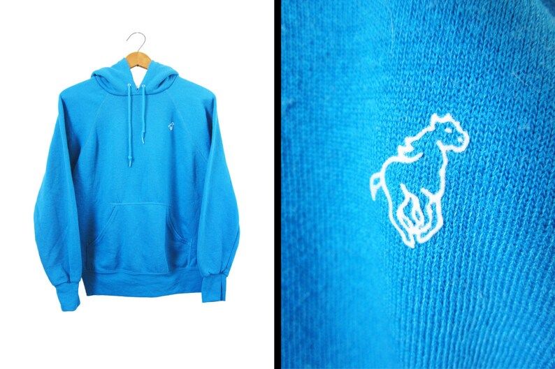 Vintage 80S Wrangler Hoodie Blue Pullover Hooded Sweatshirt
