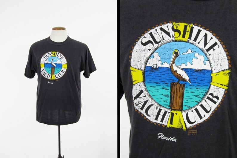 Vintage 80S Yacht Club T Shirt Black Florida Soft And Thin Sunshine