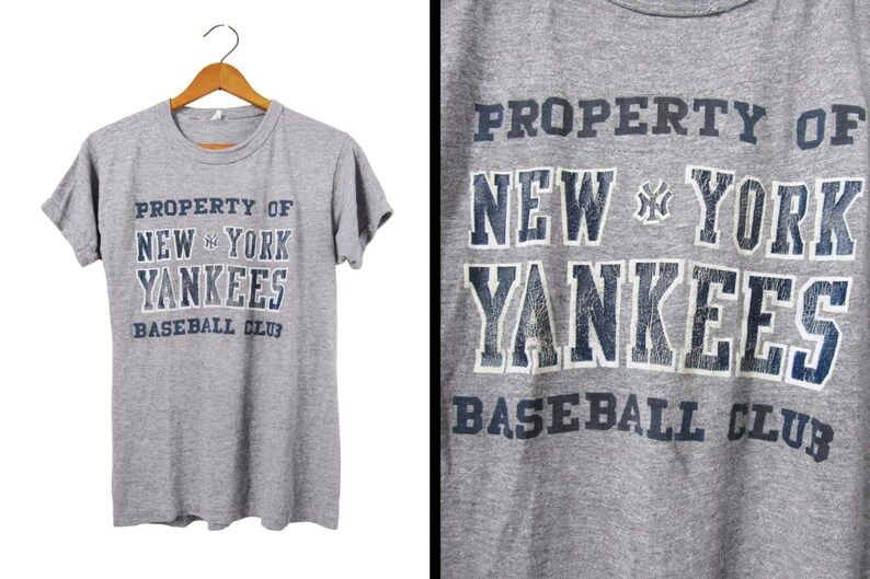 Vintage 80S Yankees T Shirt Tri Blend Baseball Club Threadbare Thin Heather Gray