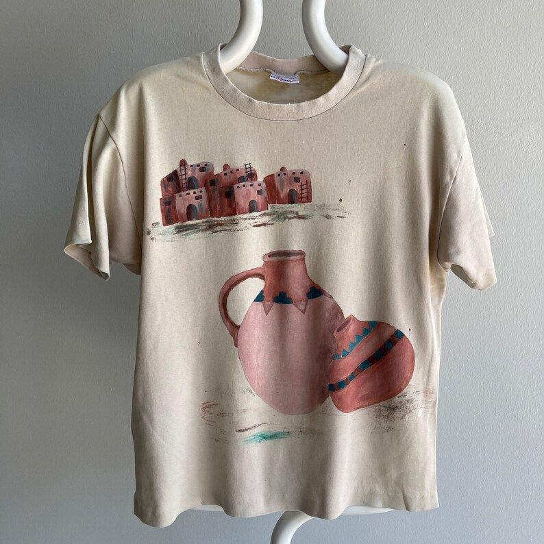 Vintage 90S 00S Diy Hand Painted Pueblo Thicker Cotton Blend Womens T Shirt
