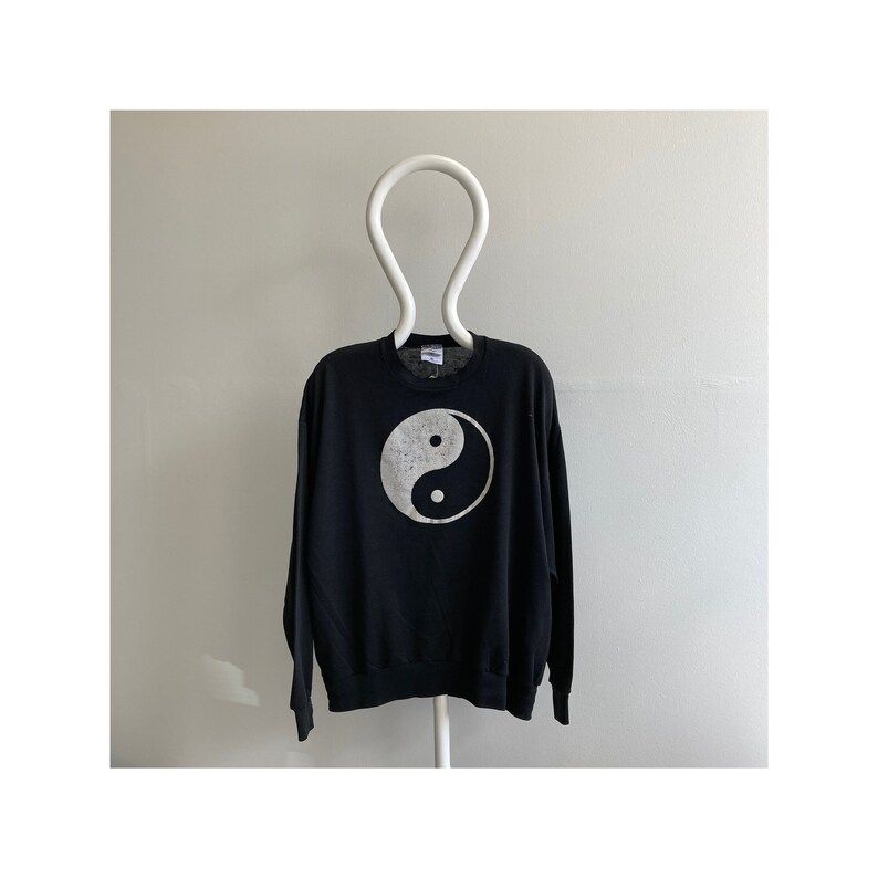 Vintage 90S 00S Worn Thin Yin Yang Tattered Black Raglan Sweatshirt