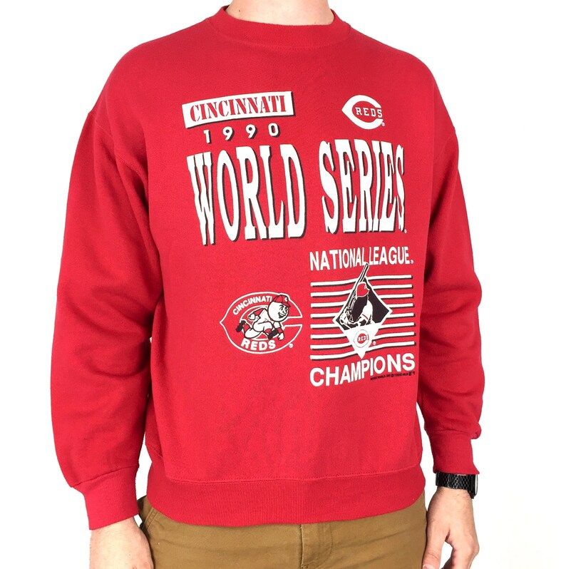 Vintage 90S 1990 90 Mlb Cincinnati Reds World Series National League Champions Baseball Pullover Crewneck Graphic Sweatshirt