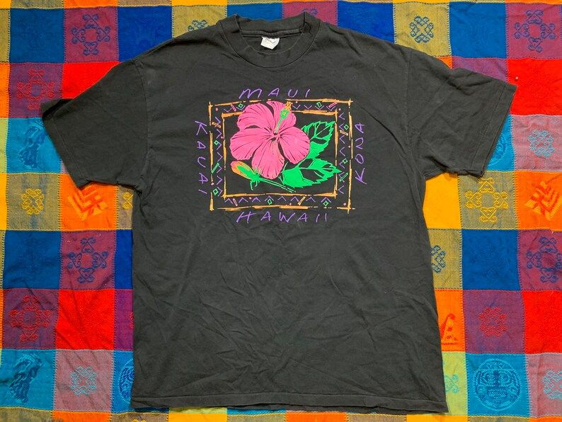 Vintage 90S 1990S Hawaii Kauai Maui Kona Hibiscus Flower Travel Neon Colors Distressed Tee