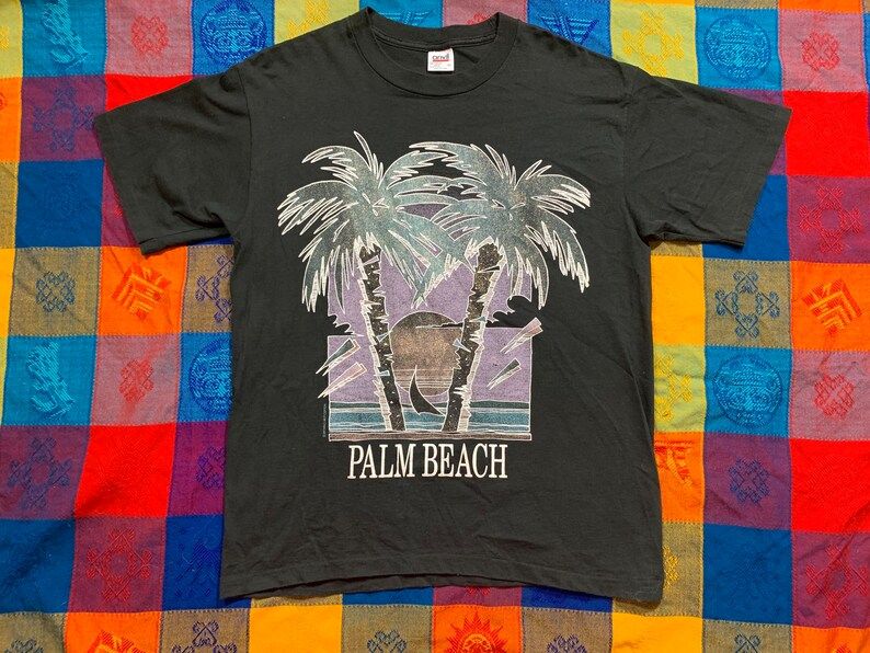 Vintage 90S 1990S Palm Beach Florida Beach Ocean Palm Trees Paradise Nature Travel Outdoors Glitter Art Deco Pastel Tee Shirt