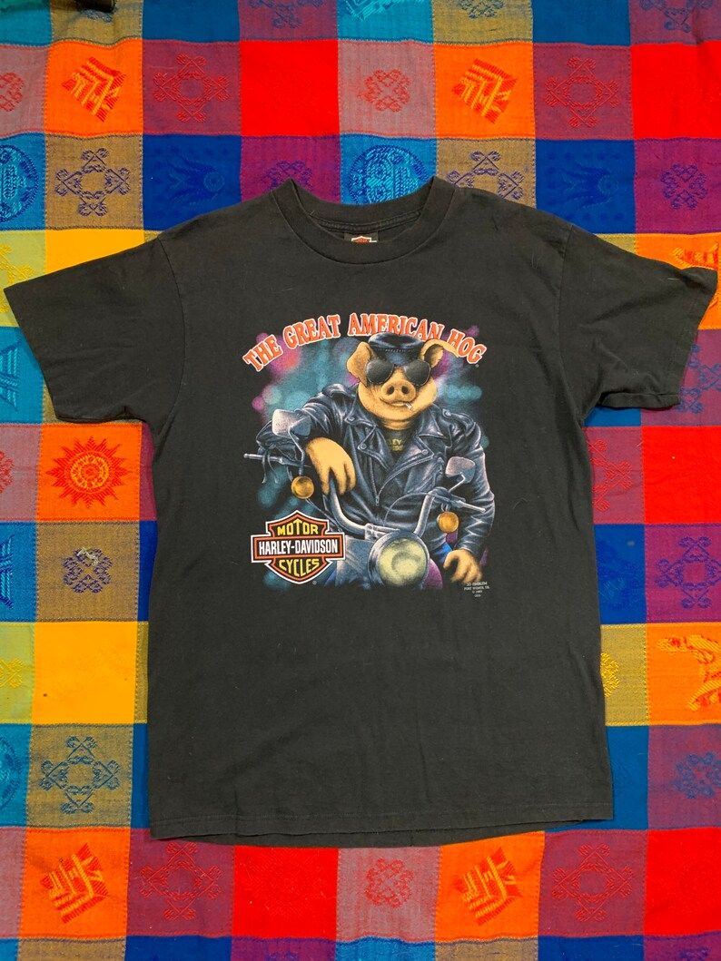 Vintage 90S 1991 Harley Davidson 3D Emblem The Great American Hog Ft Worth Ft Lauderdale Single Stitch Tee Arge