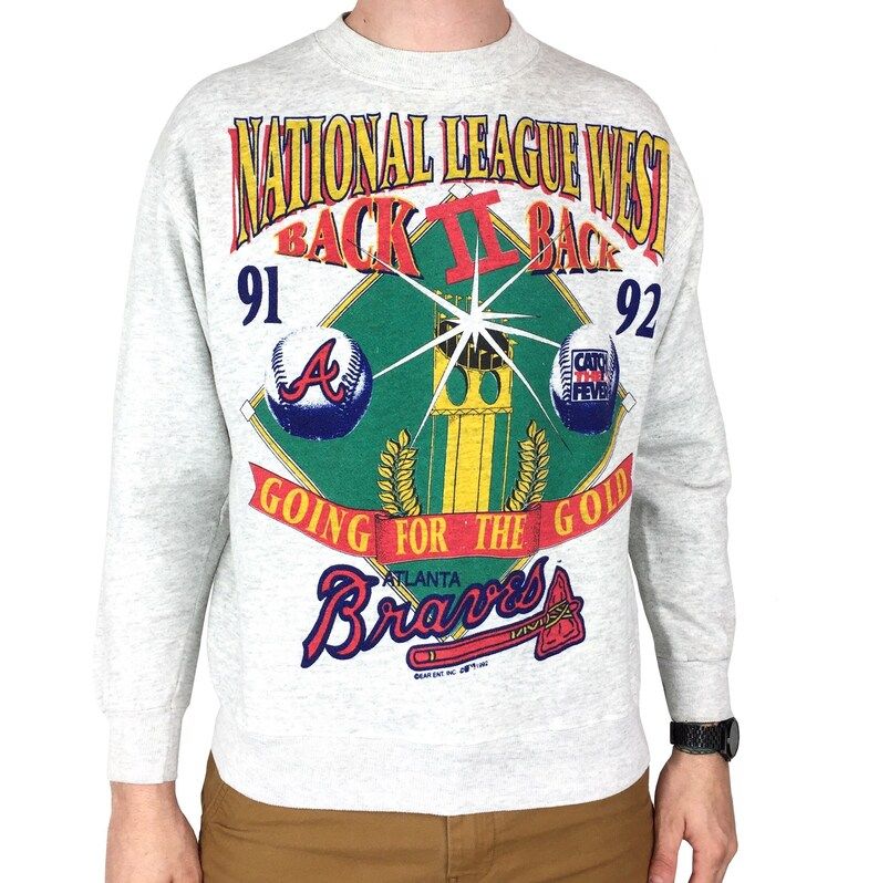 Vintage 90S 1992 92 Mlb Atlanta Braves Back To Back World Series Made In Usa Pullover Crewneck Baseball Graphic Sweatshirt
