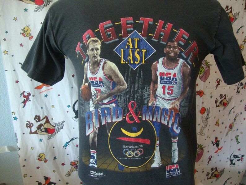 Vintage 90S 1992 Larry Bird Magic Johnson Usa Olympics Dream Team Barcelona T Shirt