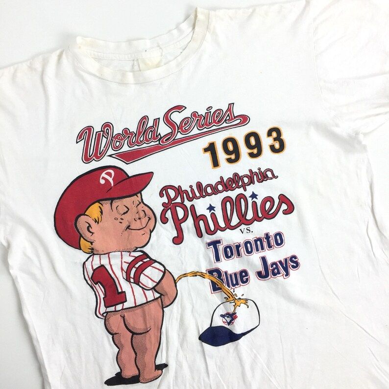Vintage 90S 1993 93 Mlb Philadelphia Phillies World Series Pee On Toronto Blue Jays Baseball Graphic Tee T Shirt