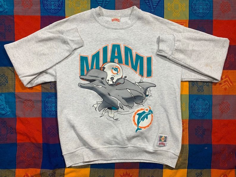 Vintage 90S 1993 Sportswear Miami Dolphins Football Nutmeg Mills Front And Back Print Arge