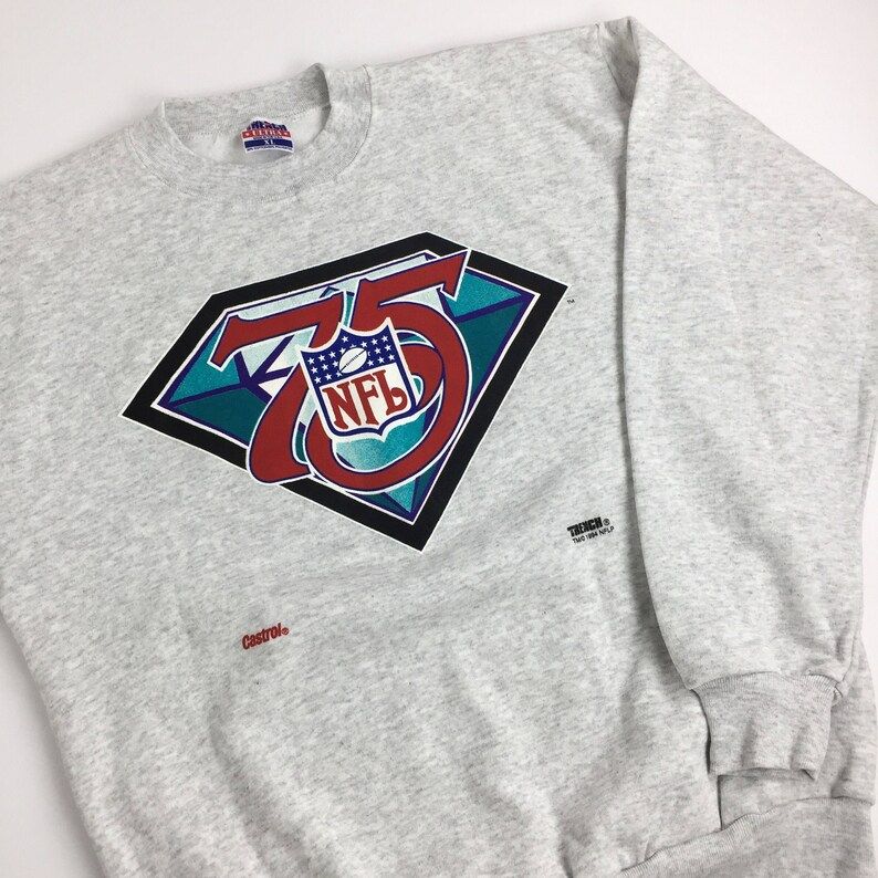 Vintage 90S 1994 94 Nfl 75Th Anniversary Tranch Mfg Heather Grey Pullover Football Graphic Sweatshirt
