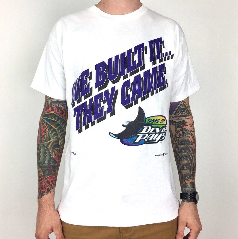Vintage 90S 1995 95 Mlb Tampa Bay Devil Rays We Built It They Came Nutmeg Mills Single Stitch Baseball Graphic Tee T Shirt