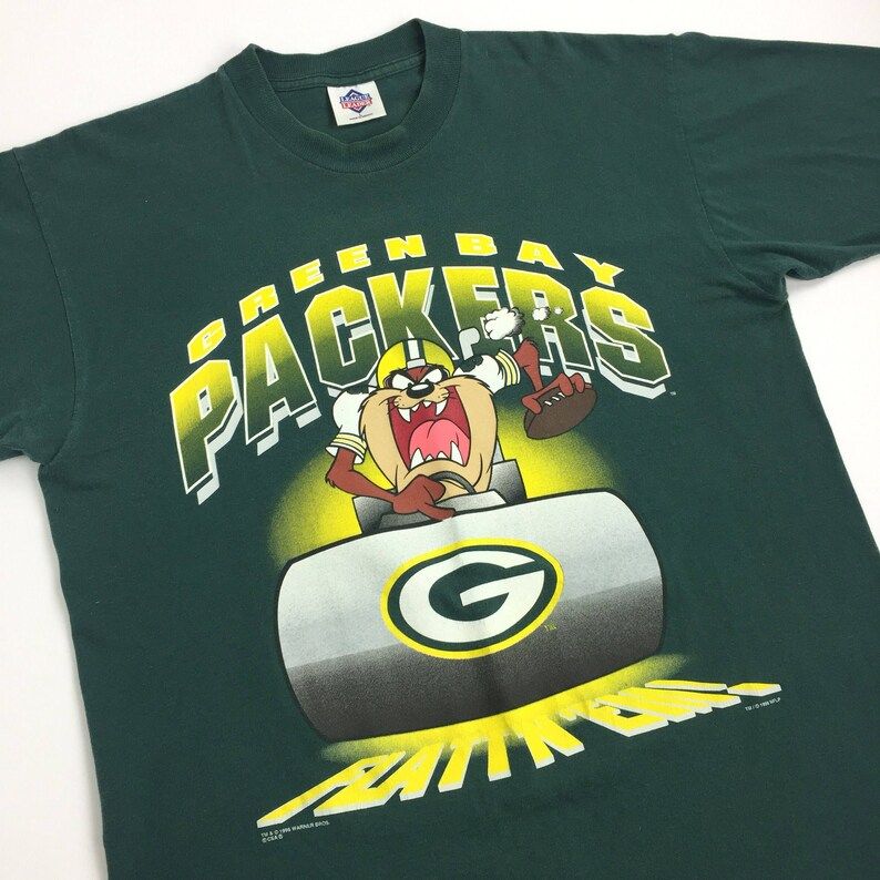 Vintage 90S 1996 96 Nfl Green Bay Packers Taz Tasmanian Devil Looney Tunes Flatn Em Football Graphic Tee T Shirt