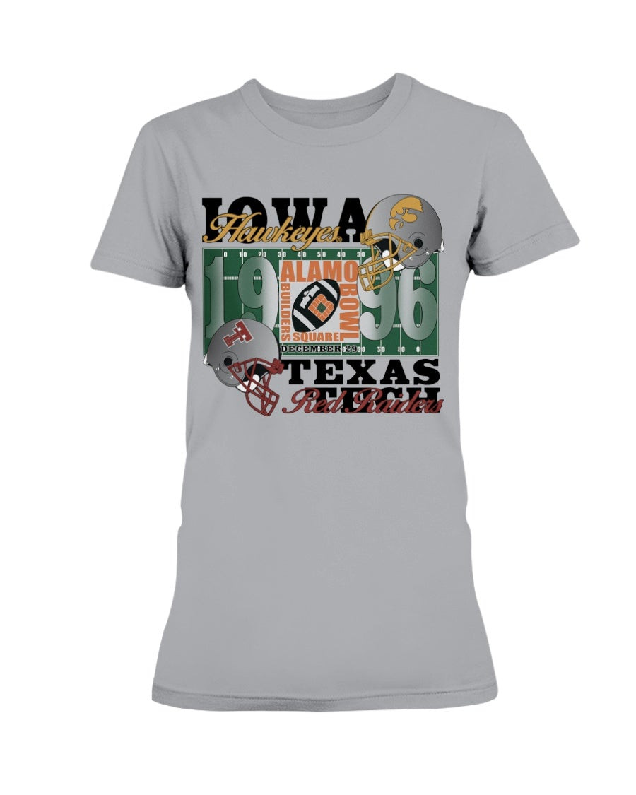 Vintage 90S 1996 College Football University Of Iowa Hawkeyes Vs Texas Tech Red Raiders Alamo Bowl Ladies T Shirt 211201