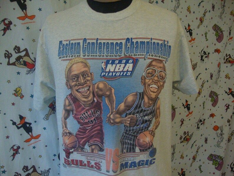 Vintage 90S 1996 Dennis Rodman Chicago Bulls Horace Grant Orlando Magic Conference Finals Nba Basketball Cartoon Caricature T Shirt