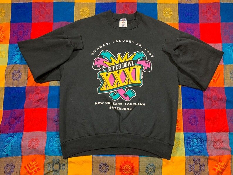Vintage 90S 1997 Super Bowl Football Xxxi New Orleans Louisiana Sportswear Superdome Crewneck Sweatshirt Patriots Packers Size