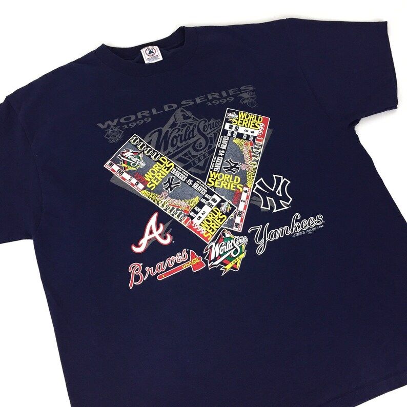 Vintage 90S 1999 99 Mlb World Series Atlanta Braves Vs New York Yankees Baseball Graphic Tee T Shirt