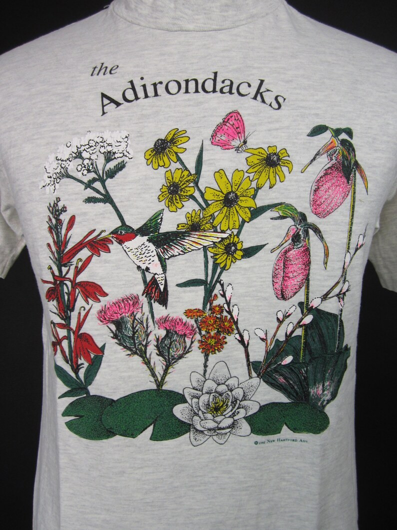 Vintage 90S Adirondacks T Shirt Hummingbird Mountain Flowers Made In Usa