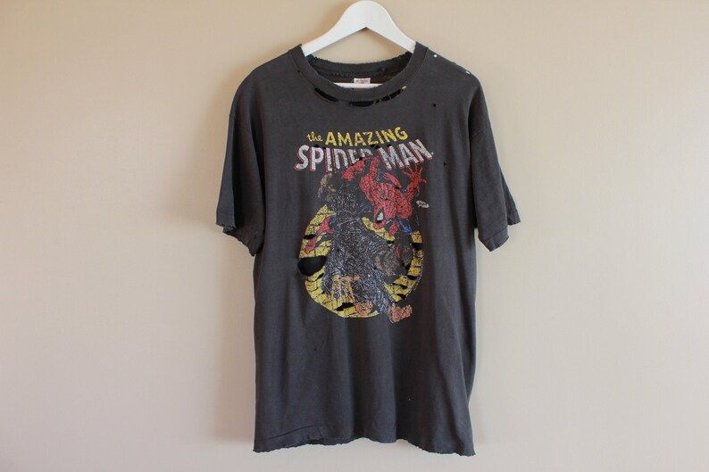 Vintage 90S Amazing Spider Man T Shirt Thrashed Distressed Black Xl Marvel Comics Fruit Of The Loom Made In Usa Single Stitch
