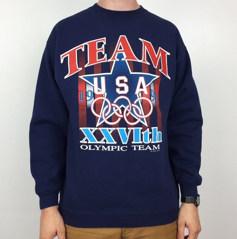 Vintage 90S Atl 1996 96 Atlanta Olympics Olympic Games Team Usa Navy Blue Pullover Crewneck Graphic Sweatshirt