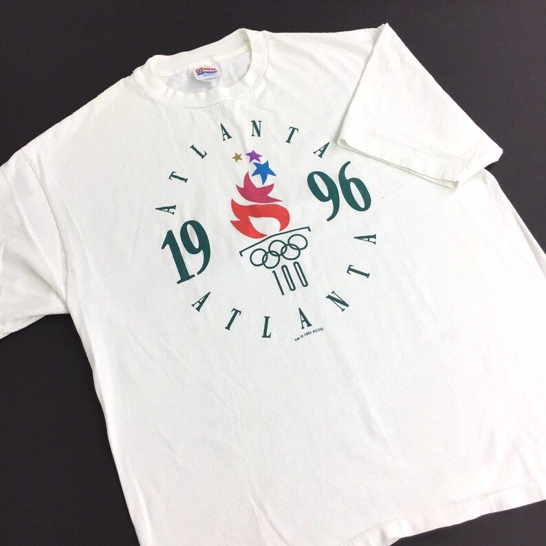 Vintage 90S Atl 1996 96 Atlanta Olympics Olympic Games White Single Stitch Graphic Tee T Shirt