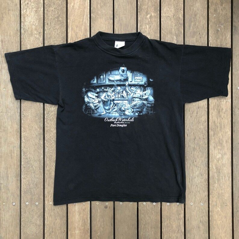 Vintage 90S Australian Souvenir Cartoon Wildlife Koala Kangaroo In Pub Unisex Medium T Shirt Retro Hipster Souvenir Summer Festival Cool