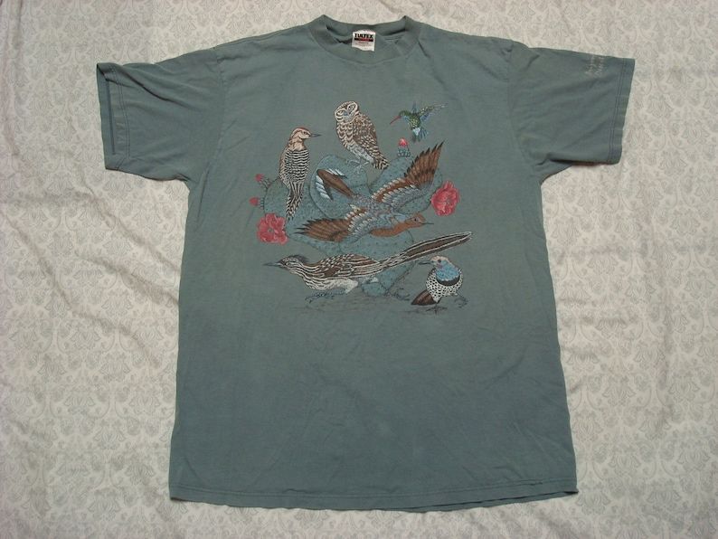Vintage 90S Birds Tee Shirt Green Tultex Sonoran Desert Museum Tucson Owl Roadrunner Art Print Short Sleeve Xl