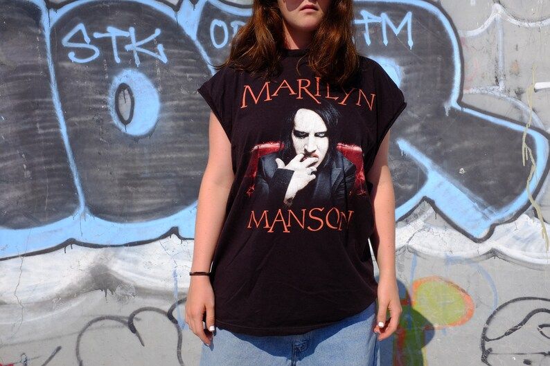 Vintage 90S Black Marilyn Manson Band Tee Rare Marilyn Manson Tank Top Cut Off Rock Band Tour T Shirt Sz Xl