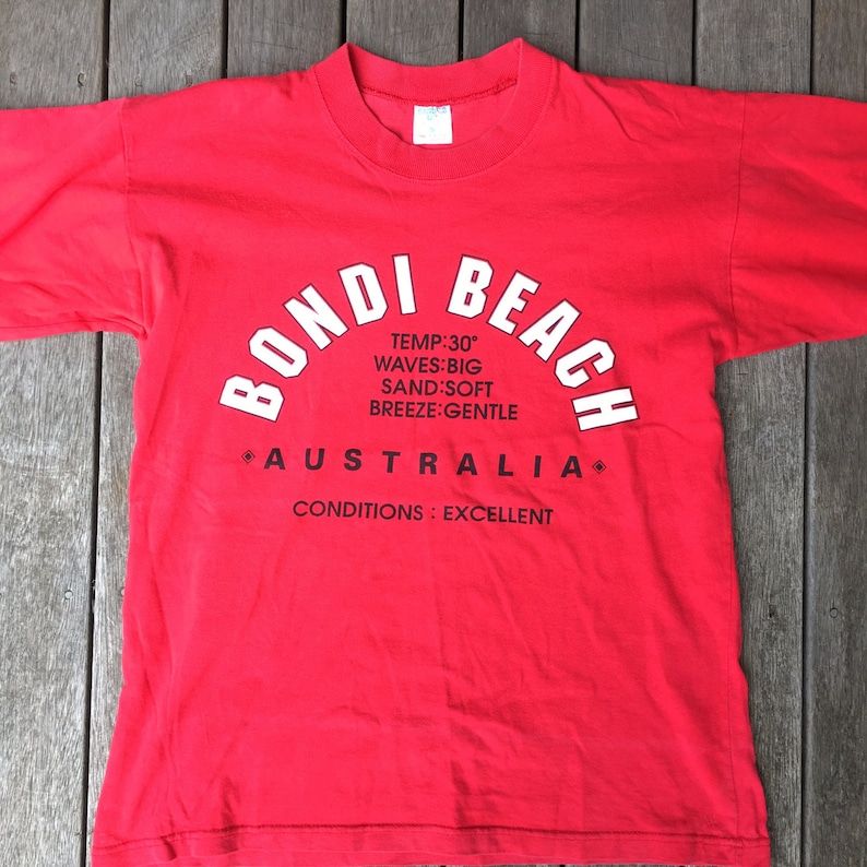 Vintage 90S Bondi Beach Sydney Australia Surfs Up Unisex Red Small Souvenir T Shirt Retro Australiana Summer Festival Beach Wear Hipster