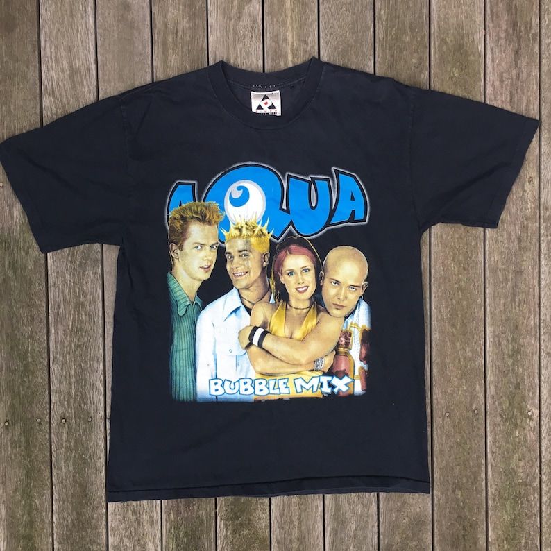 Vintage 90S Bubblegum Pop Aqua Members Album Print Unisex Oversized Medium Promo T Shirt Retro Aqua Barbie Girl 90S Pop Band Hipster Tee