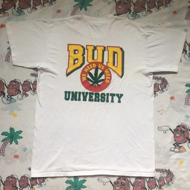 Vintage 90S Bud University T Shirt Arge Back Graphic Weed Stoner
