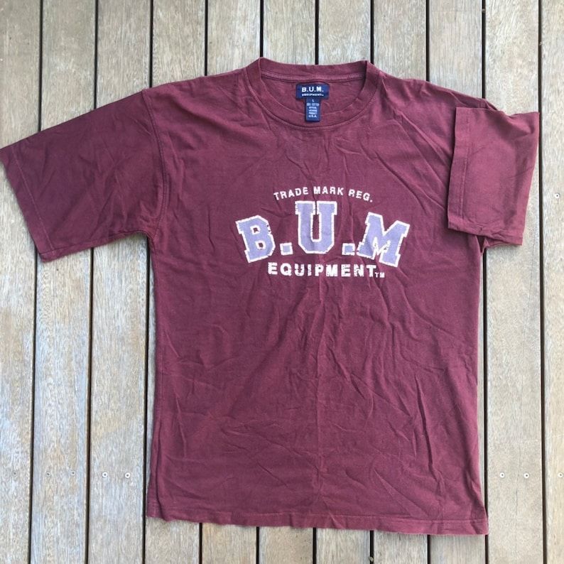 Vintage 90S Bum Equipment Unisex Large Burgundy Oversized Box Logo Sportswear T Shirt Retro Hip Hop Streetwear Bum Equipment Summer Tee